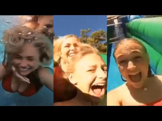 Alyvia Alyn Lind and Natalie Alyn Lind ride water slides in the pool