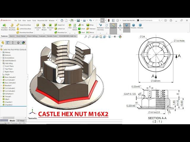 SolidWorks Tutorial Castle Hex Nut M16x2