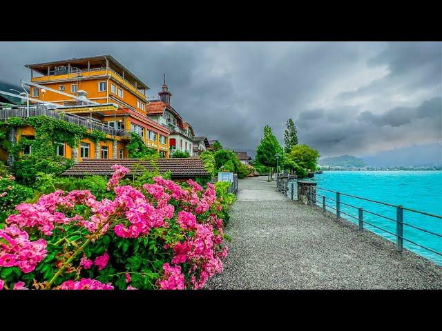 Refreshing summer rain in Brienz, Switzerland  Swiss village 4K