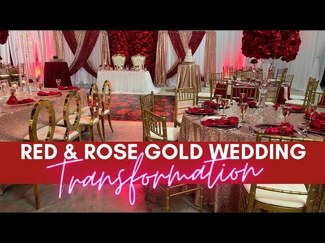 UNBELIEVABLE WEDDING TRANSFORMATION| RED AND ROSE GOLD WEDDING| FULL ROOM BACKDROP