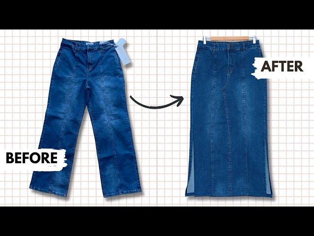 How to Transform Your Jeans into a Maxi Denim Skirt with Side Slits | DIY Pants Reconstruction