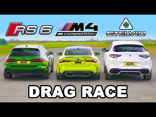 BMW M4 v Audi RS6 v Alfa Stelvio QV: DRAG RACE