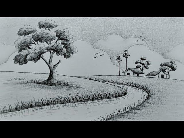 How to draw easy pencil sketch scenery || Easy pencil sketch landscape drawing tutorial