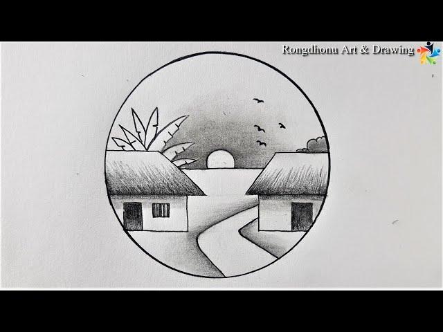 ⭕How to draw a Village Nature Scenery in Circle⭕ Pencil Drawing