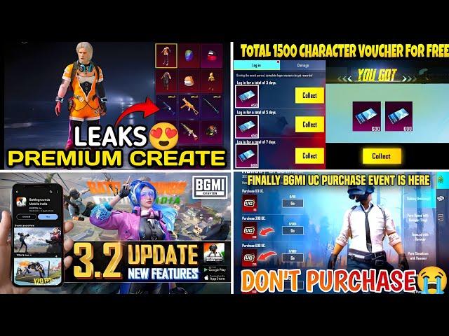 BGMI FREE CHARACTER VOUCHER EVENT 2024& NEXT PREMIUM CREATE LEAKS |BGMI NEW UPDATE 3.2|UC UP EVENT