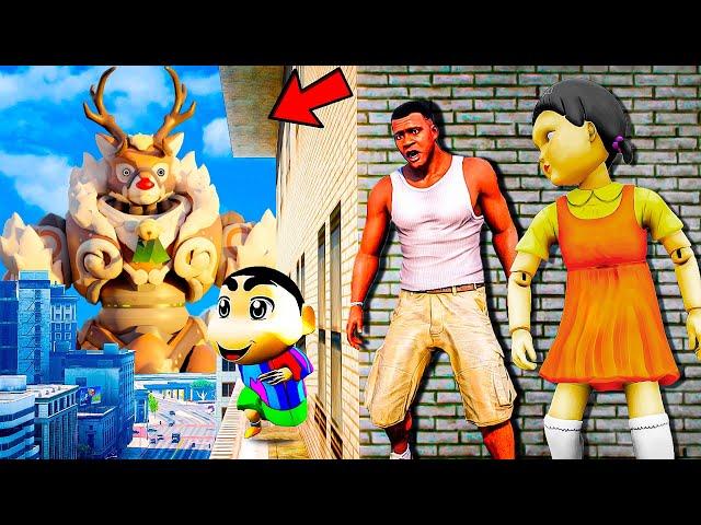 Franklin and Shinchan & Pinchan play HIDE AND KILL with Squid Game Doll In GTA 5