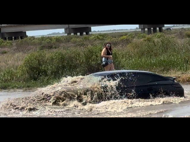 San Luis Pass 2024 Senior Skip Day all cars flooded. Jeep, Ford, Dodge, Ram, Toyota, and Porsche