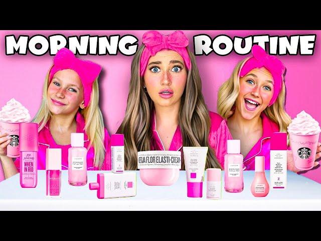 i COPiED My 10 & 12yr OLD SiSTERS SCHOOL MORNiNG ROUTiNE! *only using PINK Makeup PRODUCTS*