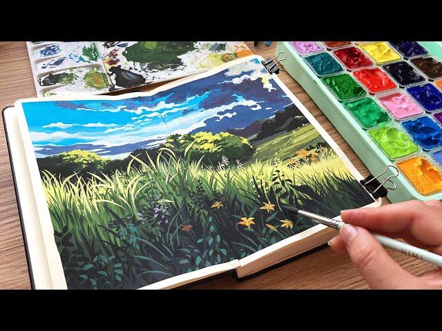 Studio Ghibli Landscape Painting/ Himi Jelly Gouache Unboxing / New Sketchbook 