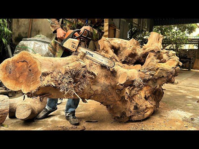 Largest Rustic Monolithic Table From Old Rare Giant Tree Stump // Extremely Heavy Woodworking Skills