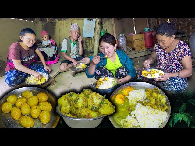 Boiled Egg Fry and Boiled Potato fry recipe with rice || Village style cooking & eating #eggrice