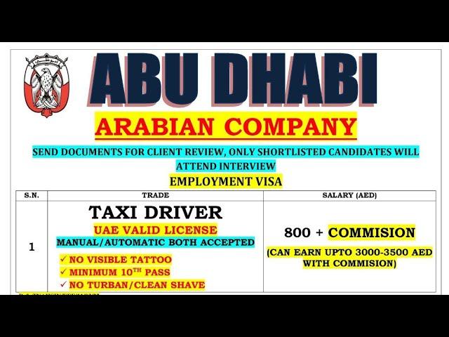 ARABIAN TAXI JOB IN ABU DHABI M-Ph. 94183-81725, 98161-71358, @foreignemploymentinfo.vaca7070