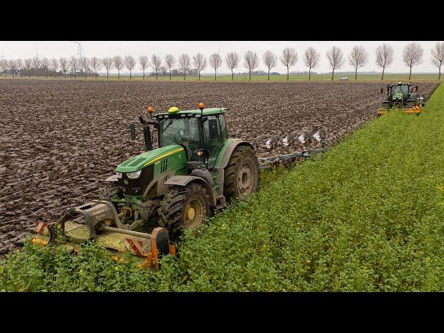 Deere Duo | 2x John Deere 6215R mowing & ploughing with 12 furrows | Tillage 2025