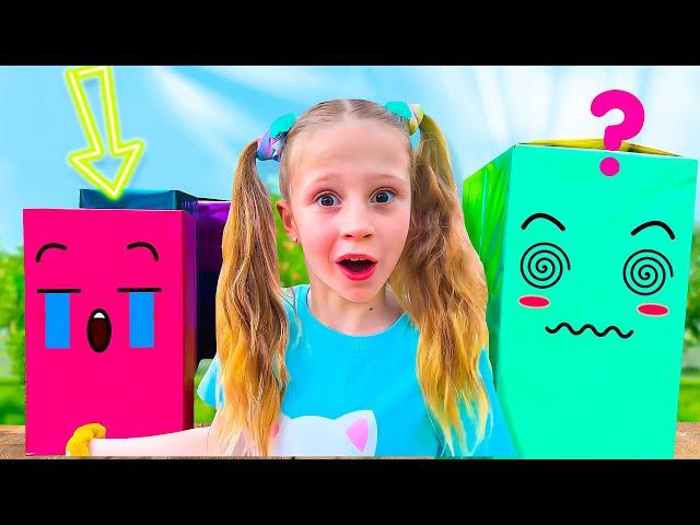 Nastya and dad challenge in colorful boxes