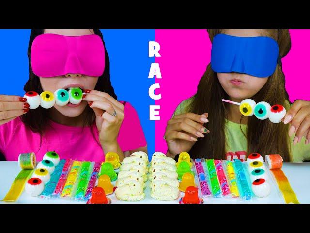 ASMR Candy Race with Closed Eyes (Gummy Eyeballs, Jelly Straws, Peeps Marshmallow)