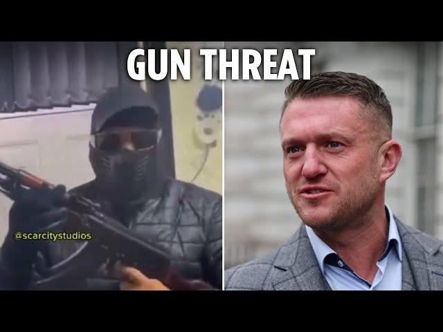 Masked thug threatens to ‘blow away’ Tommy Robinson while brandishing fake AK-47