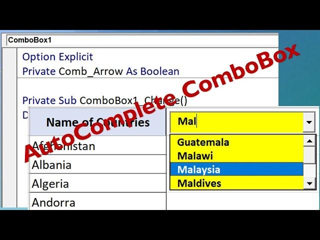 Excel VBA ComBox Box with AutoComplete Search - Excel VBA Searchable Combox - Code Included