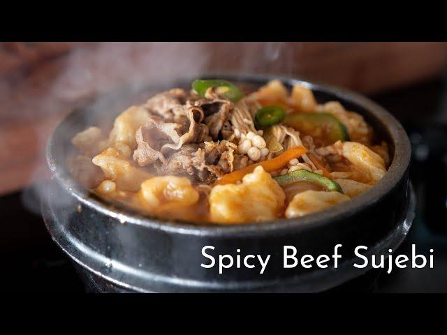 EASY ONE POT KOREAN RECIPE | SPICY BEEF HAND-TORN NOODLE SOUP | SUJEBI [쉽고 간단한 소고기 얼큰 수제비]