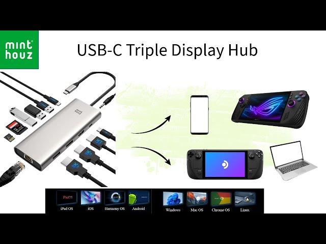 Minthouz 12 in 1 Triple Display Monitor USB-C Hub | Stream Deck | Rog Ally X | PC | Laptop | Tablet