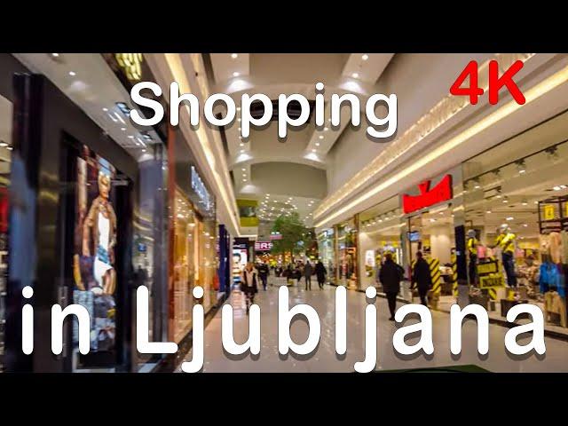 Ljublijana city park shopping mall, diverse shopping experience in Slovenian capital 4K walking