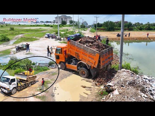 Full Processing Filling Up The Land huge, By Bulldozer KOMATSU D37P And Dump Truck Unloading