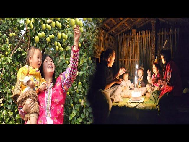 The single mother very happy when kind man organized birthday for her children - harvesting apples