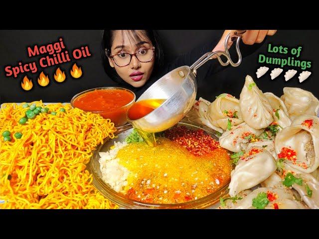 Eating Momo, Maggi with Spicy Chilli Oil | Asmr Eating | Big Bites | Mukbang | Dumplings Asmr