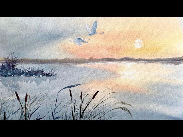 BEGINNERS SUNSET MARSHLAND Reflections, Beautiful Watercolor Landscape Painting Tutorial Watercolour