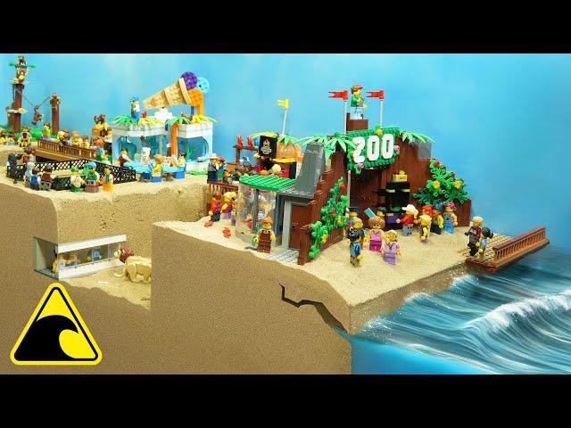 Lego Zoo Hit by Tsunami - Dam Breach Experiment - Wave Machine vs Animals & Tourists