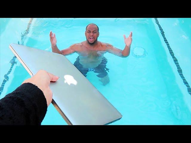 ANGRY WIFE THROWS MACBOOK PRO IN POOL!! (REVENGE PRANK)