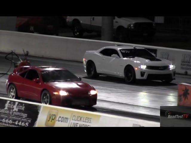 2013 ZL1 Camaro vs Turbocharged Mitsubishi Eclipse GSX AWD - Drag Race Video - Road Test TV ®