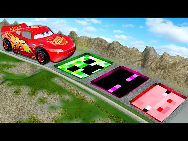 Giant Minecraft Creeper & Enderman & Pig Pit Vs McQueen And Big & Small PIXAR CARS! BeamNG.Drive