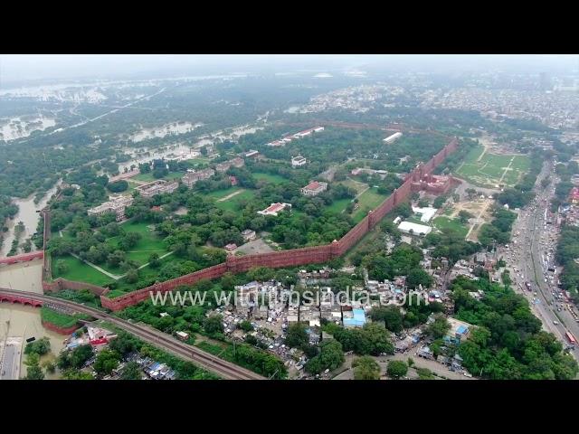 Red Fort Old Delhi walled city stunning aerial view, flooding all around, Yamuna lapping at walls!