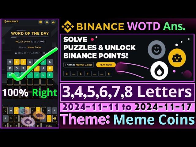 Meme Coins WOTD | Binance New WODL Answers Today | All Letters Word of the day