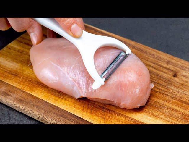 A trick using the vegetable peeler! Great recipe with chicken breast, without baking