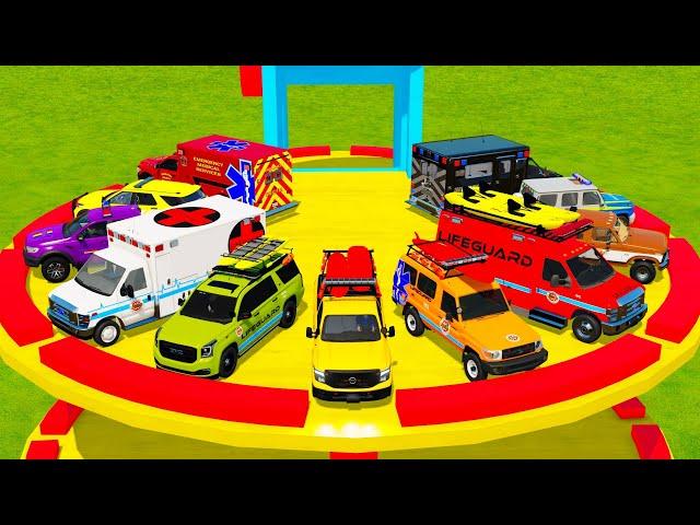 TRANSPORTING POLICE CARS, RESCUE & LIFEGUARD VEHICLES TO THE PLATFORM! Farming Simulator 22