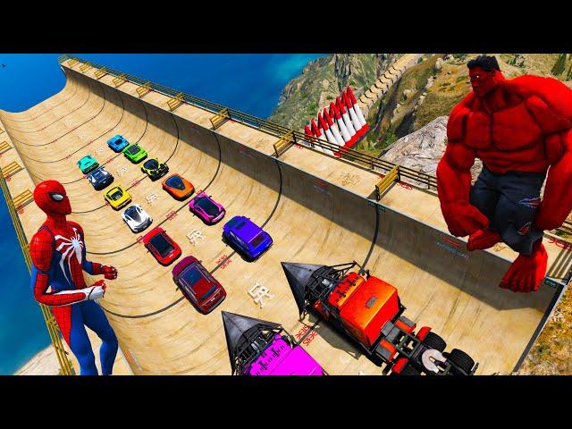 Spiderman team vs RedHulk team SportCars Ferrari Police Lamborghini Porsche 922 Ramp Challnege GTA 5