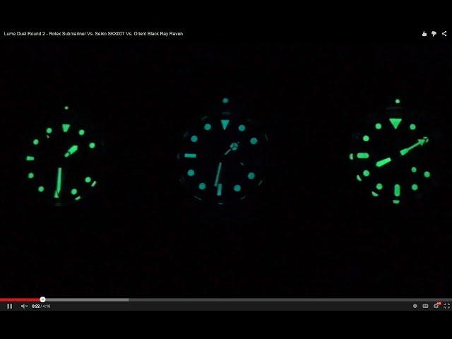 Lume Duel Round 2 - Rolex Submariner 116610LN Vs. Seiko SKX007 Vs. Orient Black Ray Raven