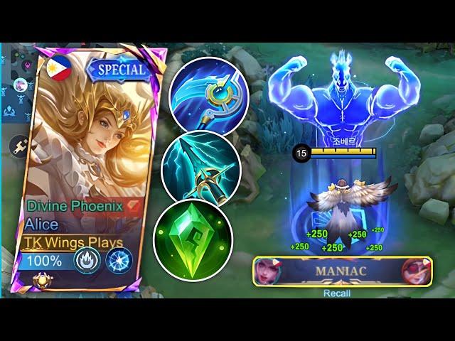 WTF DAMAGE! I GOT MANIAC  THIS ALICE NEW BROKEN BUILD CAN EASILY 1 SHOT ENEMIES! (Must Try) - MLBB