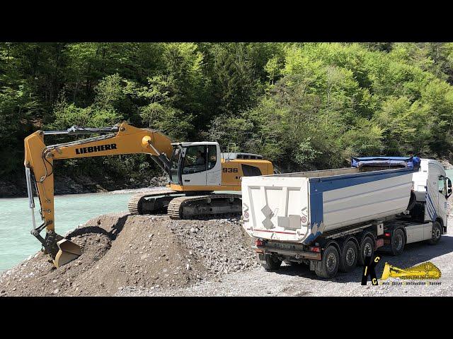 LIEBHERR 936 EXCAVATOR Digging and Loading Gravel on VOLVO Trucks