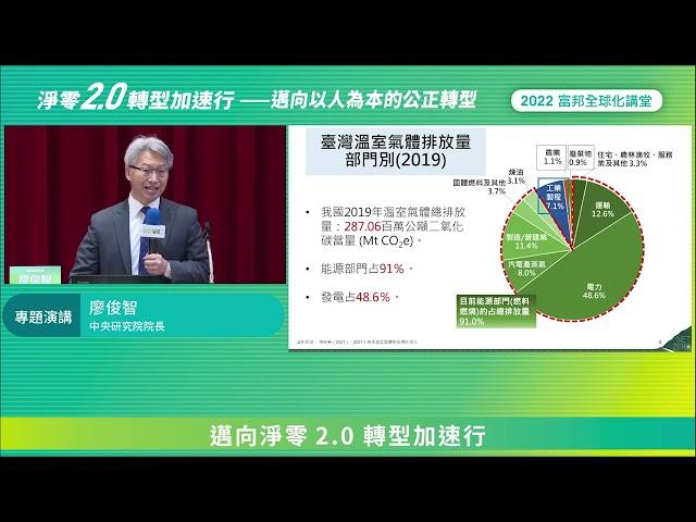 2022 富邦全球化講堂《淨零2.0 X 轉型加速行 — 邁向以人為本的公正轉型》專題演講「邁向淨零2.0 轉型加速行」 — 中央研究院 廖俊智院長 (中文)