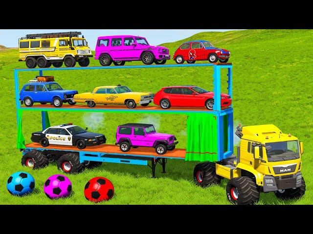 Flatbed Trailer Cars Transporatation with Truck Rescue - Cars vs Deep Water - BeamNG Drive