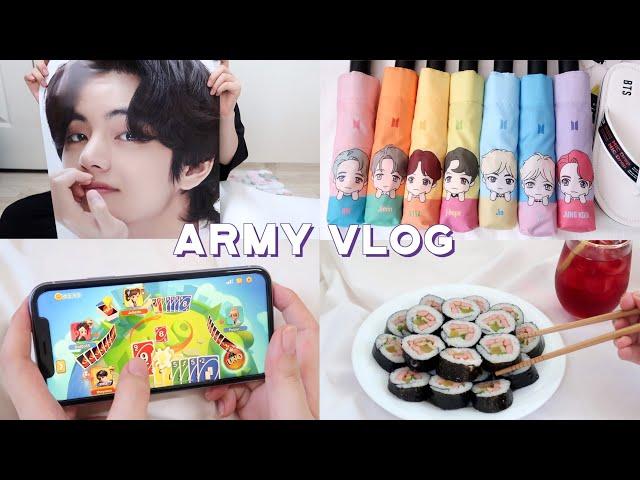 ARMY VLOG / BTS Umbrellas & Flip flops, UNO, Chilsung Cider Poster, Gimbap with 4 hams