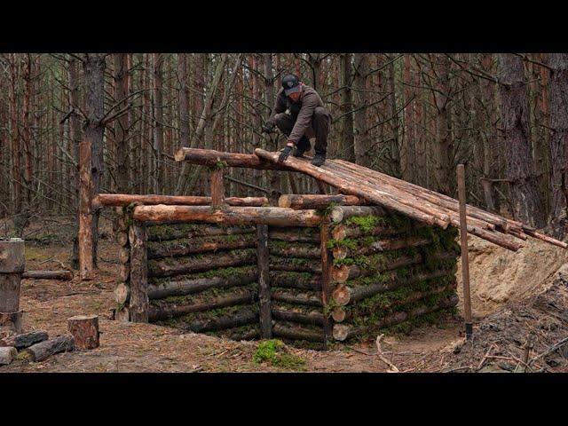 Dugout shelter, Warm cabin with stove, Place for camp, Autumn - Winter