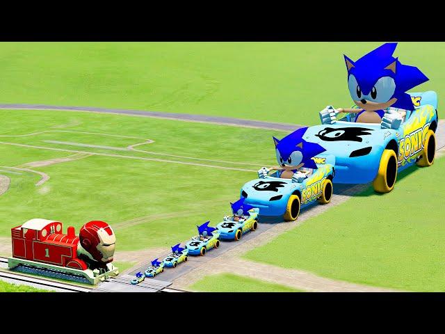 Big & Small Sonic Queen vs IronMan the Tank Engine Train | BeamNG.Drive