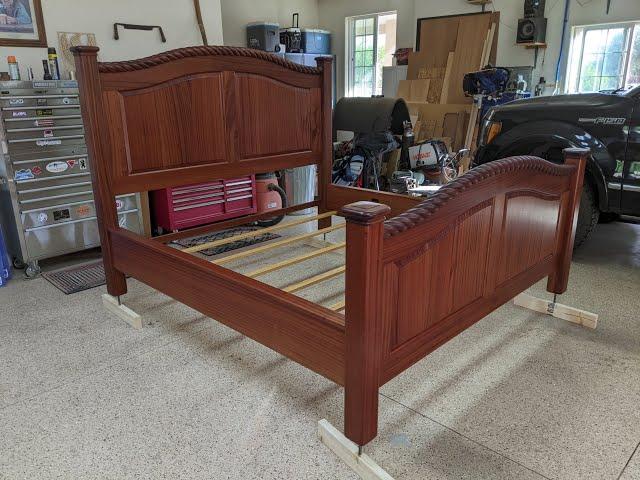 Making a king size Sapele bed with hand carved rope molding and CNC cut panels and rails.