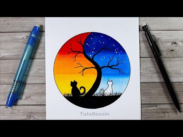 Comment dessiner la nuit et le jour avec un chat | Tutoriel de dessin yin yang | Dessin à faire à