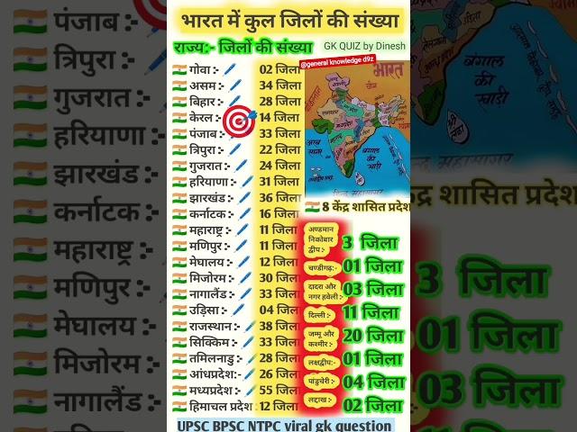भारत में कुल जिलों की संख्या| 28 राज्यों एवं 8 केंद्र शासित प्रदेश | #upsc #viralvideo gkquiz #india