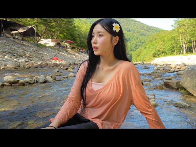  SOLO CAMPING BY A GLACIAL-COLD RIVER | KOREAN CHICKEN STEW & A SWIM GONE WRONG | NATURE ASMR