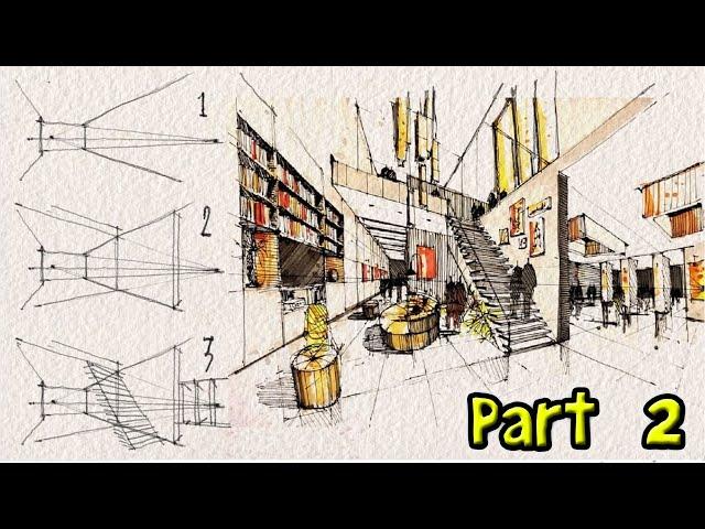 How to Draw a Room in 2 Point Perspective for beginners  interior design part 2تعلم رسم منظور داخلي